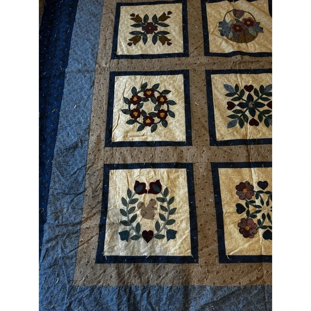 Vintage Handmade Applique Folk Art Quilt King Queen 106x89‎ Floral Country Home
